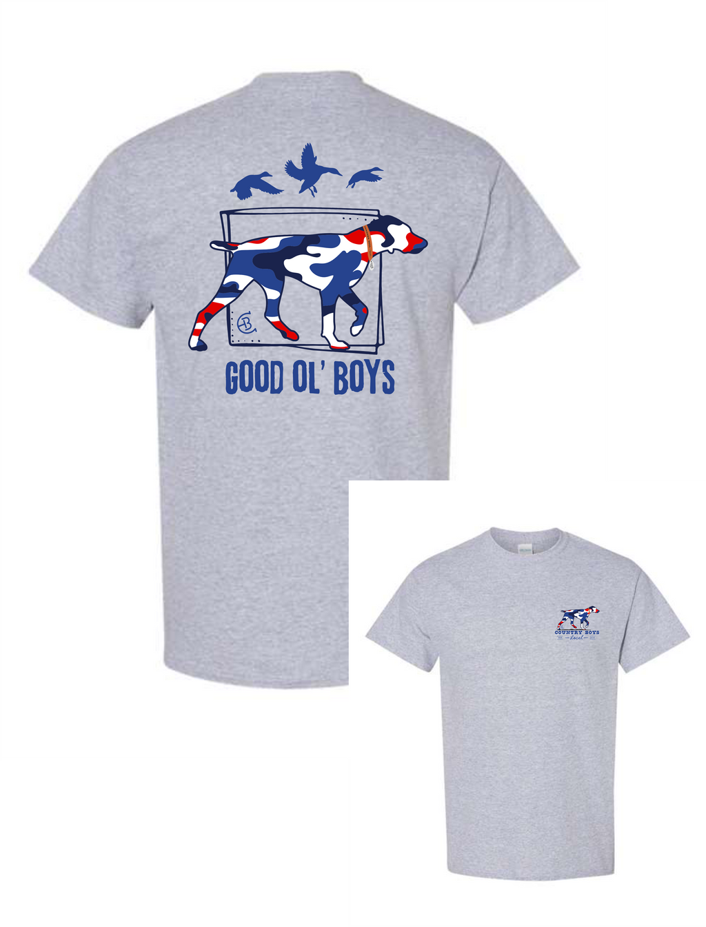 Heather gray graphic tee with a vibrant print of a dog in camouflage pattern and text 'GOOD OL' BOYS' on the back, along with a smaller print of the design on the front.