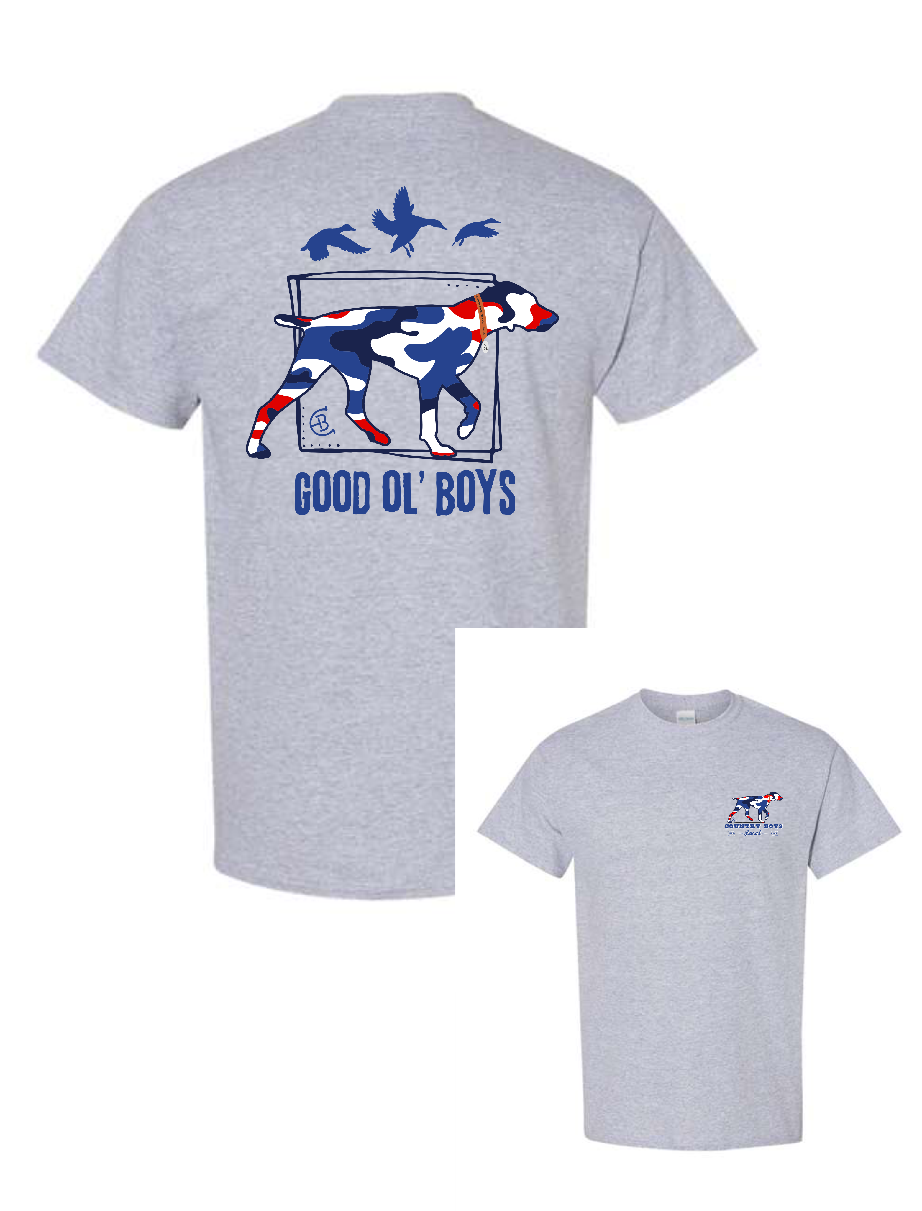 Heather gray graphic tee with a vibrant print of a dog in camouflage pattern and text 'GOOD OL' BOYS' on the back, along with a smaller print of the design on the front.