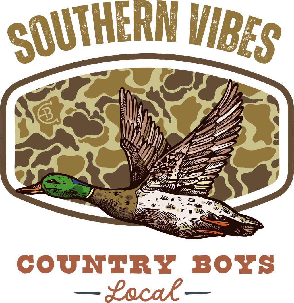 Southern Vibes duck graphic close-up, mallard in flight framed by truck rearview mirror with camo backdrop - Country Boys Local