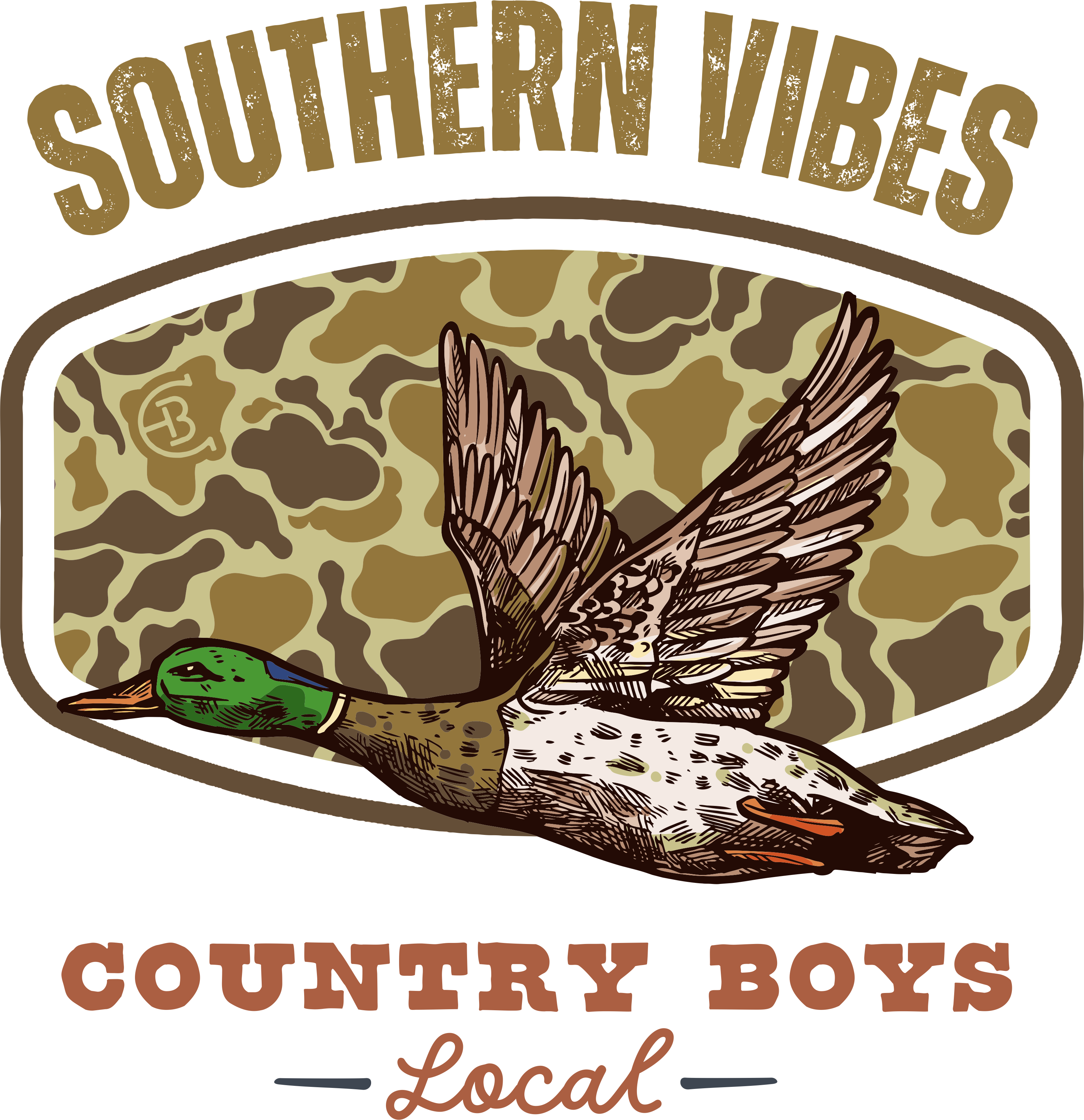 Southern Vibes duck graphic close-up, mallard in flight framed by truck rearview mirror with camo backdrop - Country Boys Local
