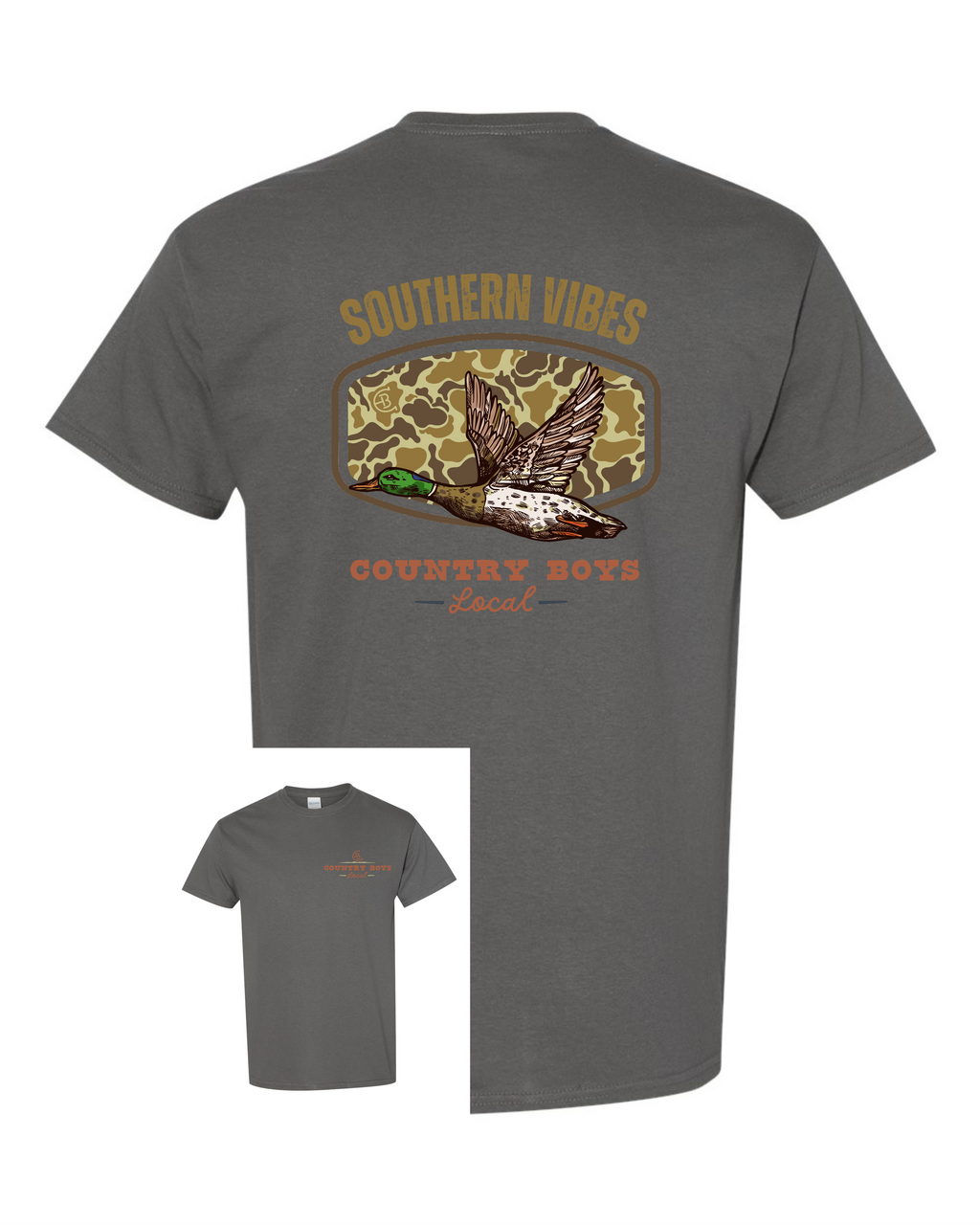 Southern Vibes graphic tee back view on charcoal gray, mallard duck in flight rearview mirror camo design - Country Boys Local