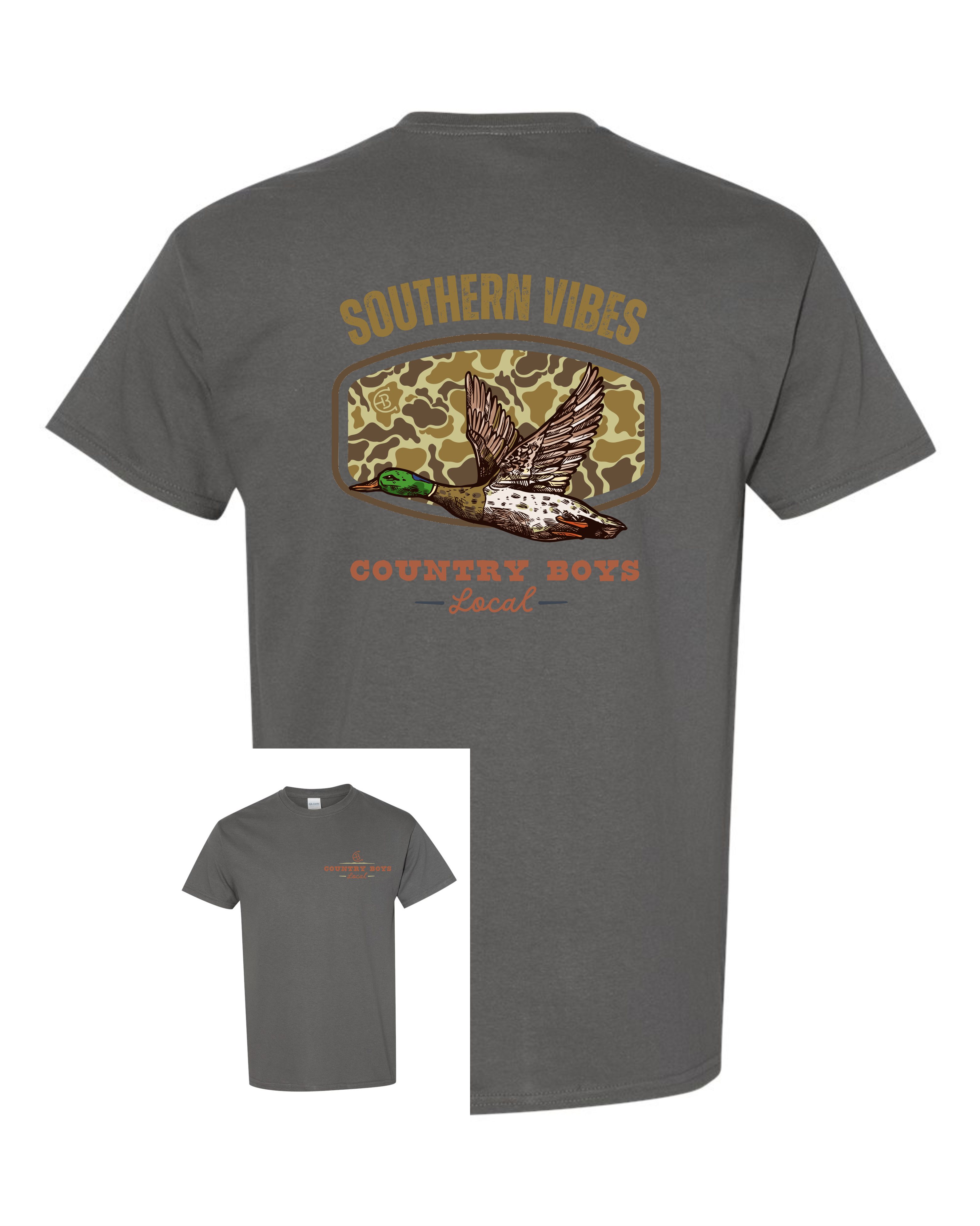 Southern Vibes graphic tee back view on charcoal gray, mallard duck in flight rearview mirror camo design - Country Boys Local