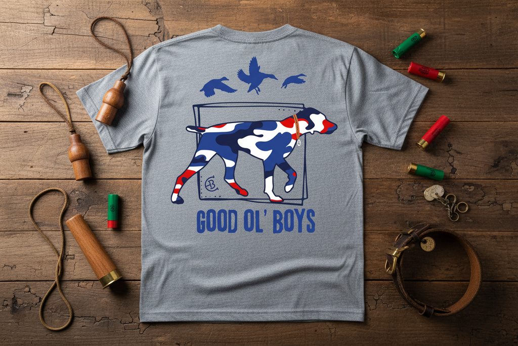 Good Ol' Boys graphic tee flat lay with duck calls and hunting gear on rustic wood, red white blue camo design - Country Boys Local