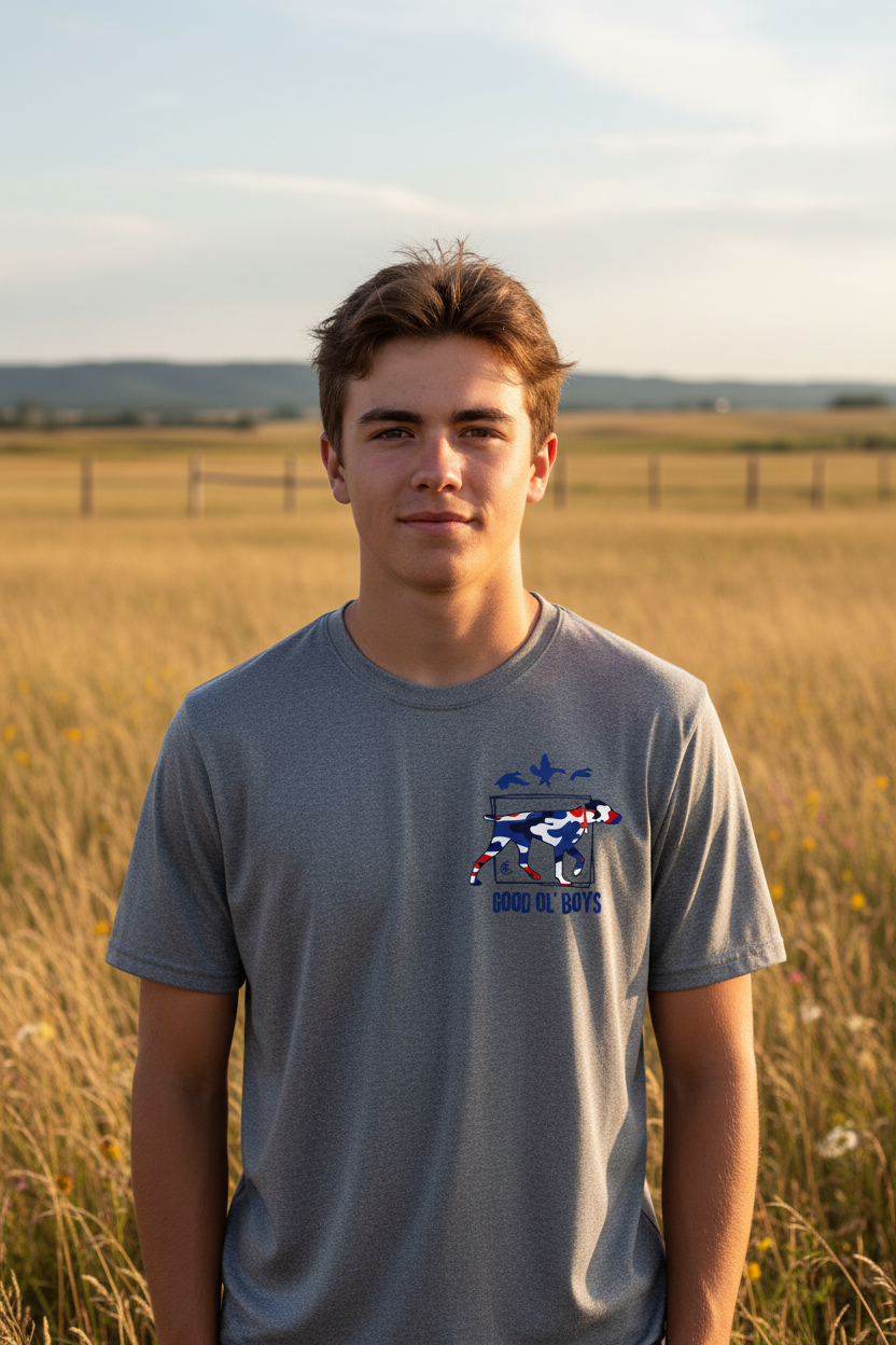 Good Ol' Boys athletic gray t-shirt front view with left chest logo, country lifestyle apparel for teens - Country Boys Local
