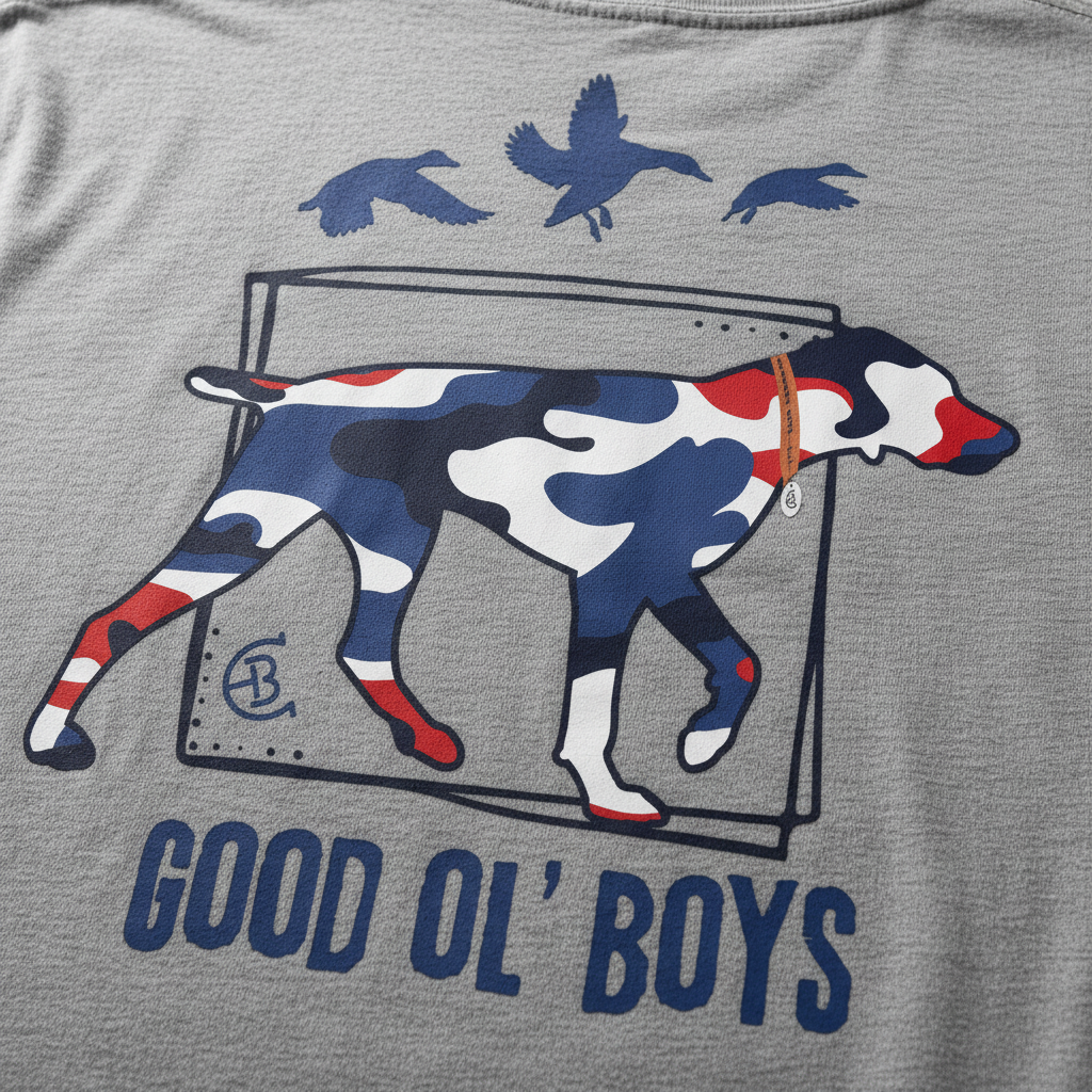 Close-up of Good Ol' Boys back graphic, red white and blue camo pointer hunting dog with ducks, Country Boys Local tee