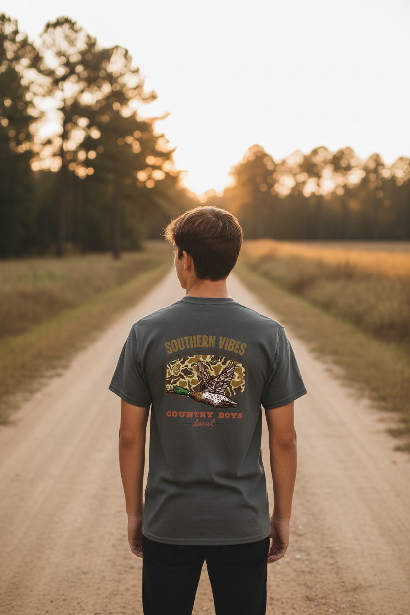 Southern Vibes graphic tee back view on charcoal gray, mallard rearview mirror camo design, rural Southern outdoor setting - Country Boys Local
