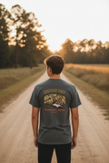 Southern Vibes graphic tee back view on charcoal gray, mallard rearview mirror camo design, rural Southern outdoor setting - Country Boys Local