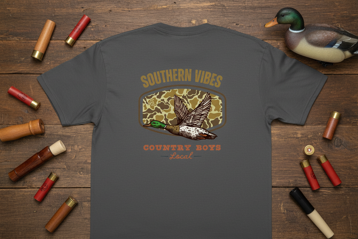 Southern Vibes graphic tee flat lay with duck calls and hunting gear on rustic wood, mallard camo design - Country Boys Local