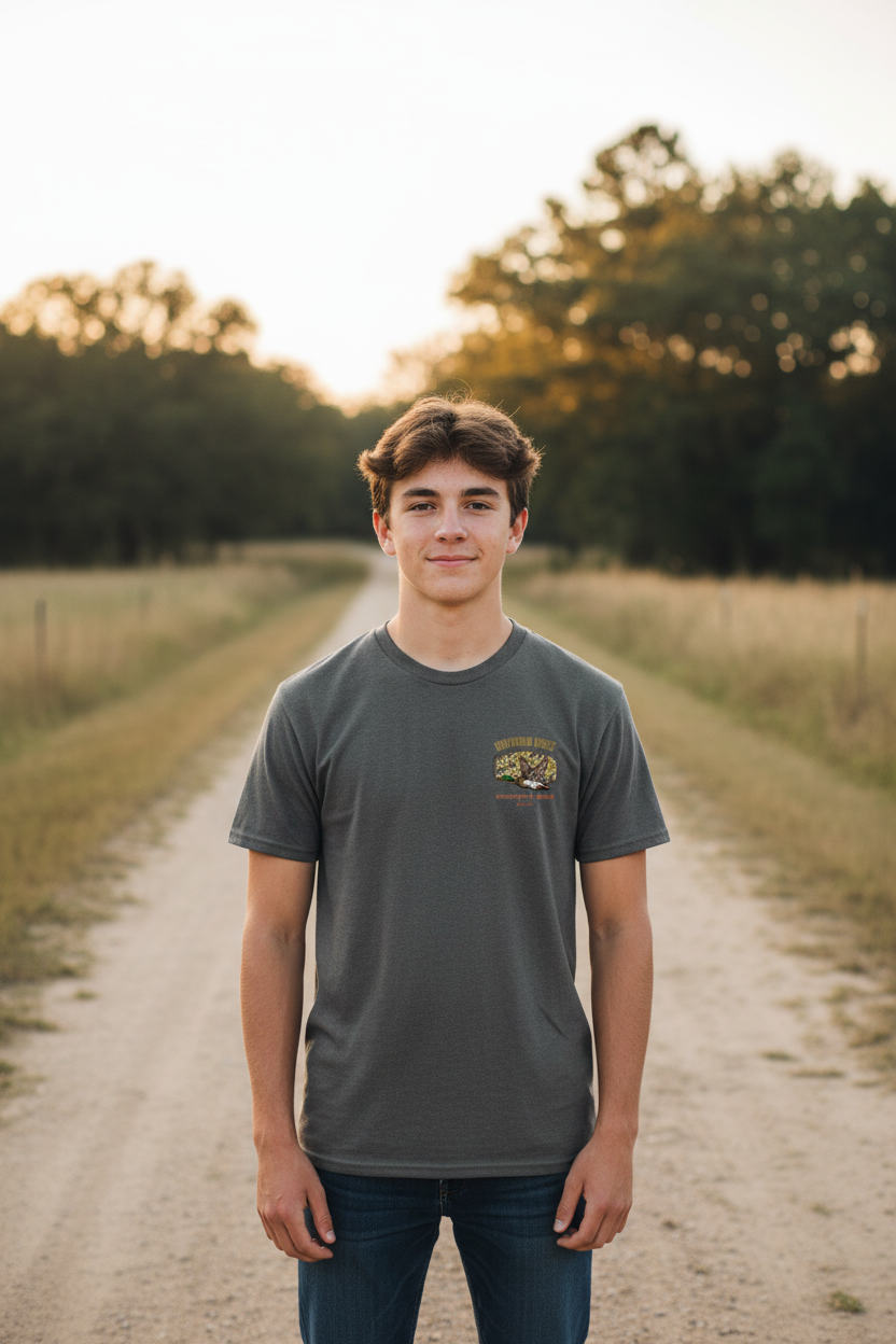 Southern Vibes charcoal gray t-shirt front view with left chest logo, country lifestyle apparel - Country Boys Local