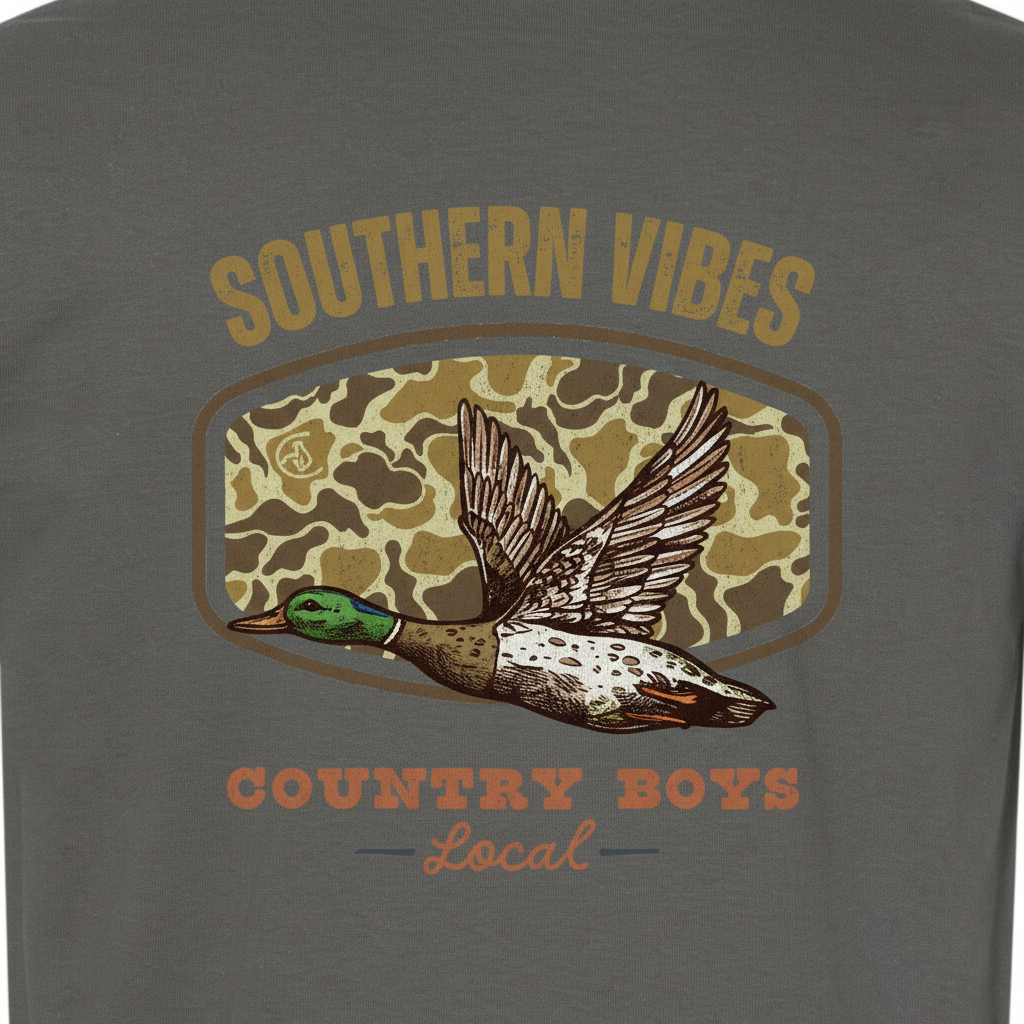 Close-up of Southern Vibes back graphic, mallard duck in flight framed by truck rearview mirror, Country Boys Local tee
